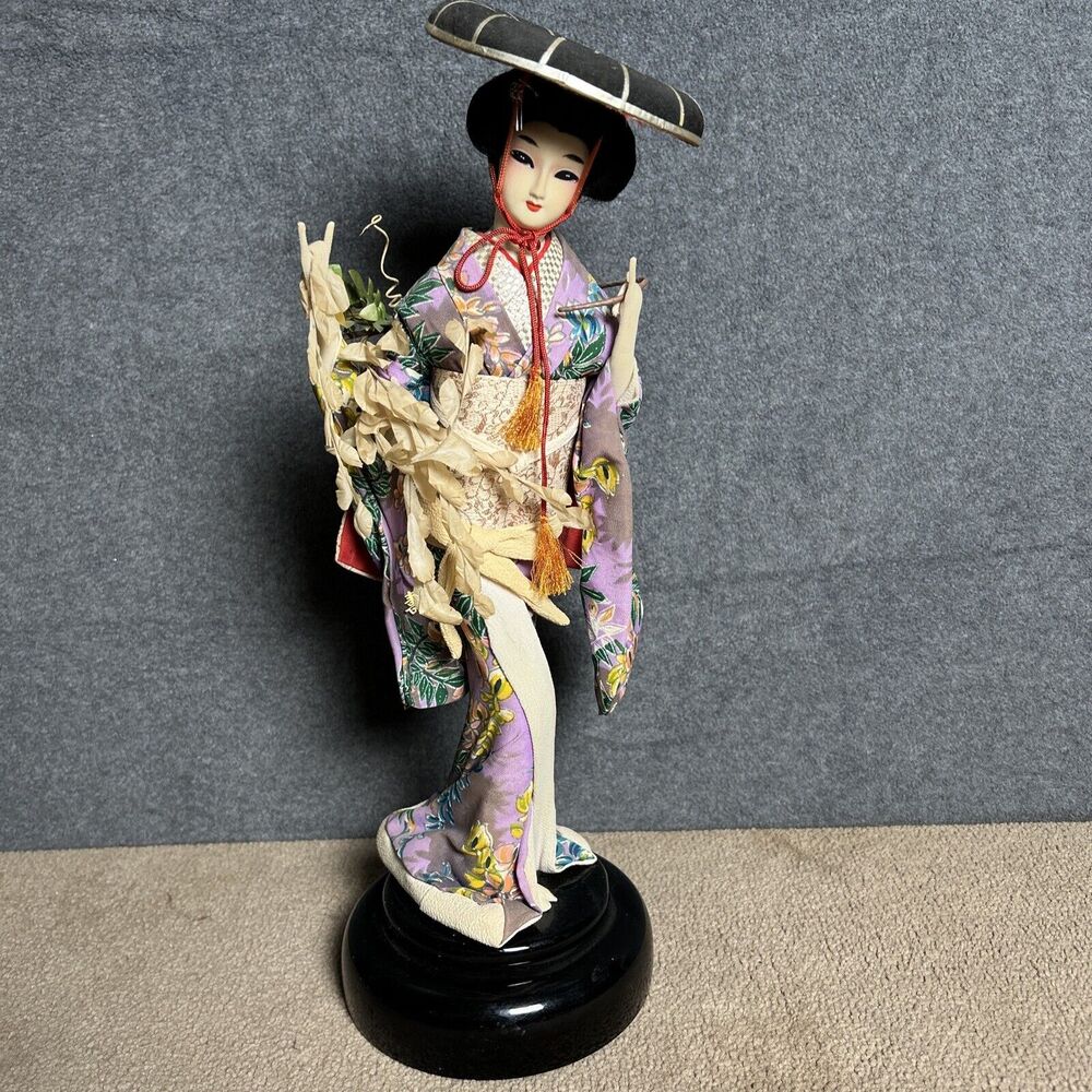 Antique Japanese Kimono Geisha Doll H18” Purple Handcrafted Rotating Music Box